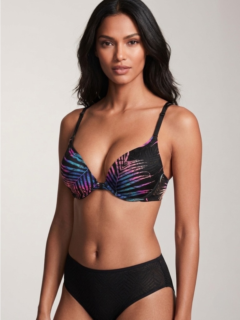 Pink Victoria’s Secret Front Close Racerback Push Up Bra Palm Print 34A Blue